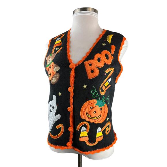 Vintage Basic Editions Halloween Vest Knit Sweater Bear Ghost & Pumpkin Medium - Picture 6 of 9